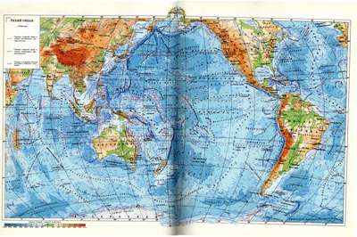 Географические карты Тихого океана крупным планом на русском языке: Физическая и Контурная