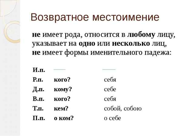 Возвратные местоимения в русском языке – формы и падежи (6 класс)