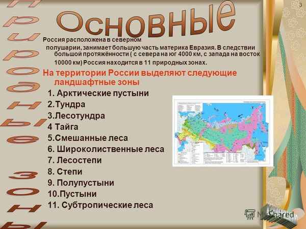 Основные природные зоны России с Севера на Юг, их расположение