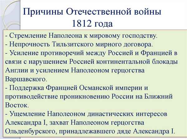 Причины отечественной войны 1812 года кратко в таблице
